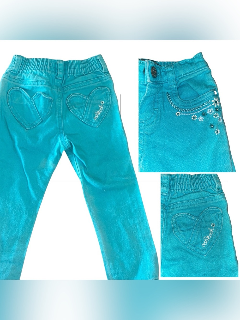 y2k OshKosh Bgosh Teal Heart pocket Girls jeans embroidered floral cute girly
